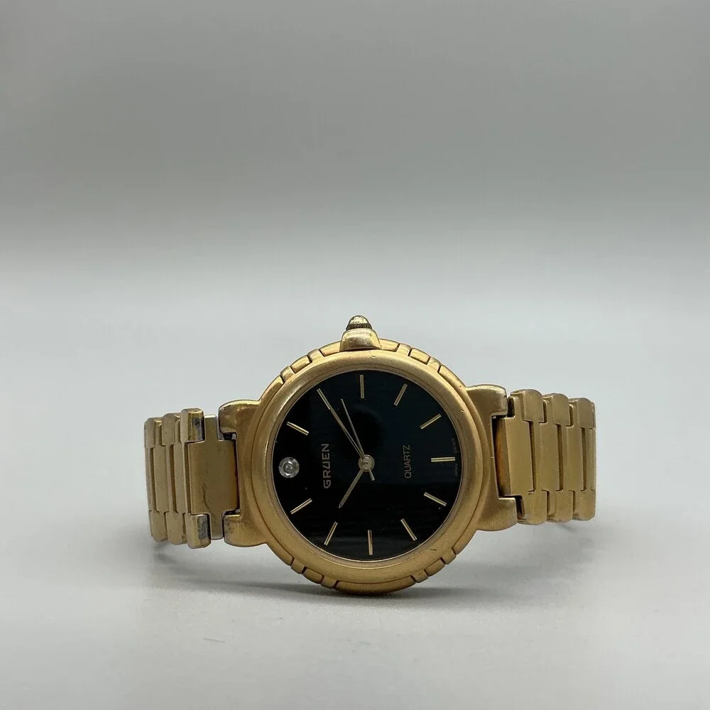 Vintage Gruen 236-Y121 Womens Watch 33mm Black Dial Gold Tone New Battery 7.75